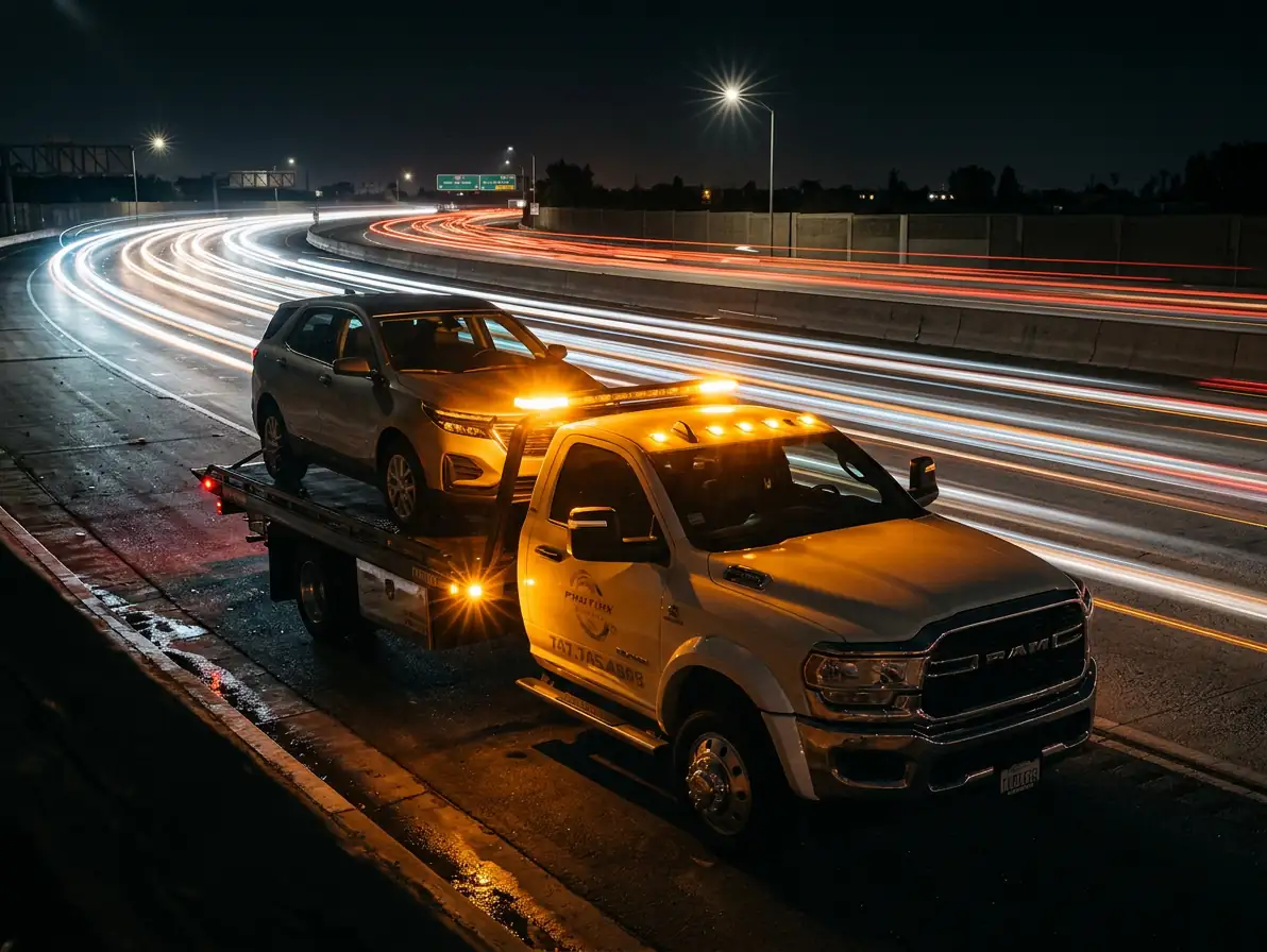 ProTow Experts flatbed with amber beacons on the freeway shoulder at night