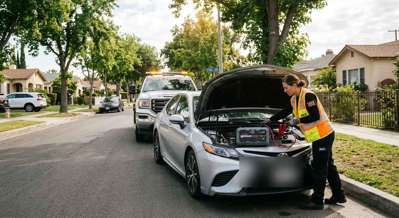 Operador de ProTow Experts pasando corriente a un sedan en Northridge